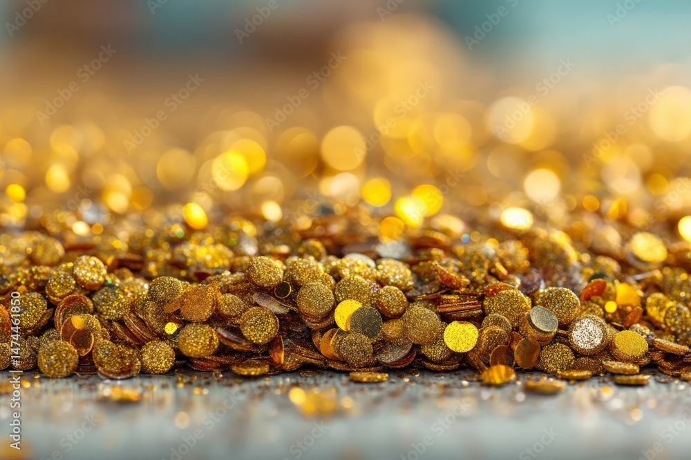 Aufkleber Glittering gold sequins create a vibrant, shimmering display on a textured surface at a festive event in daylight