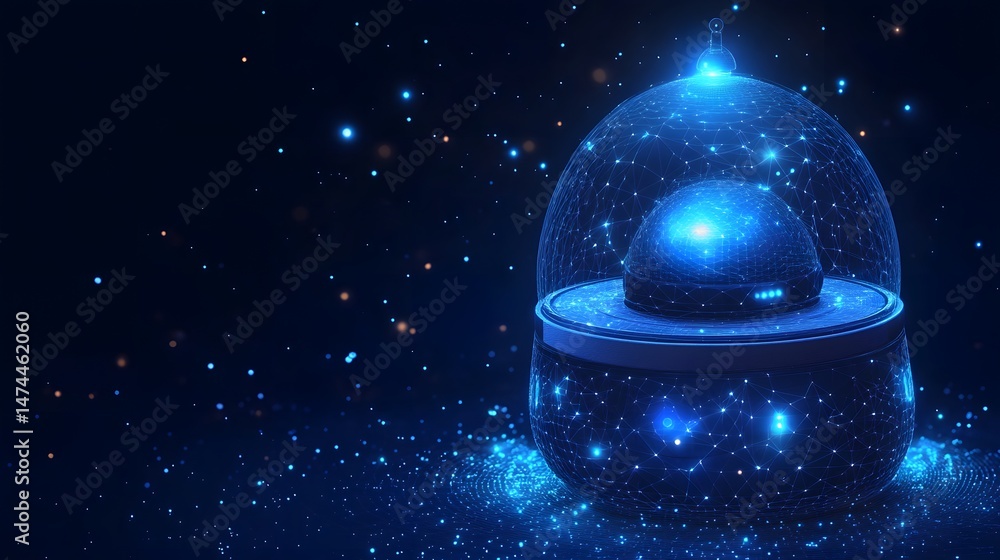 Poster futuristic digital sculpture featuring glowing blue networked lights. domed shape with a technologic
