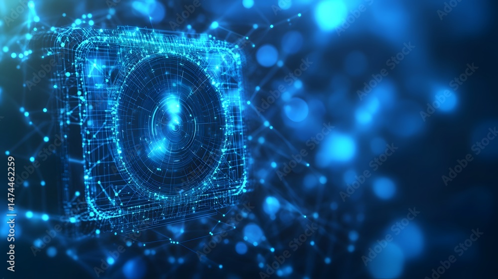 Poster Futuristic blue grid structure with concentric circles connected to dots by lines, creating a high-tech network. Blurred blue background evokes a digital environment. Abstract wireframe in dark blue.