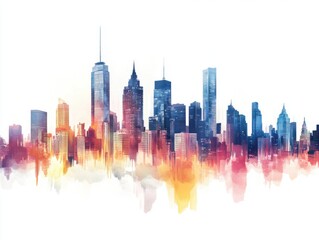 Obraz premium Abstract Cityscape Watercolor Skyline Painting of Urban Buildings and Skyscrapers in Warm and Cool Tones on White Background