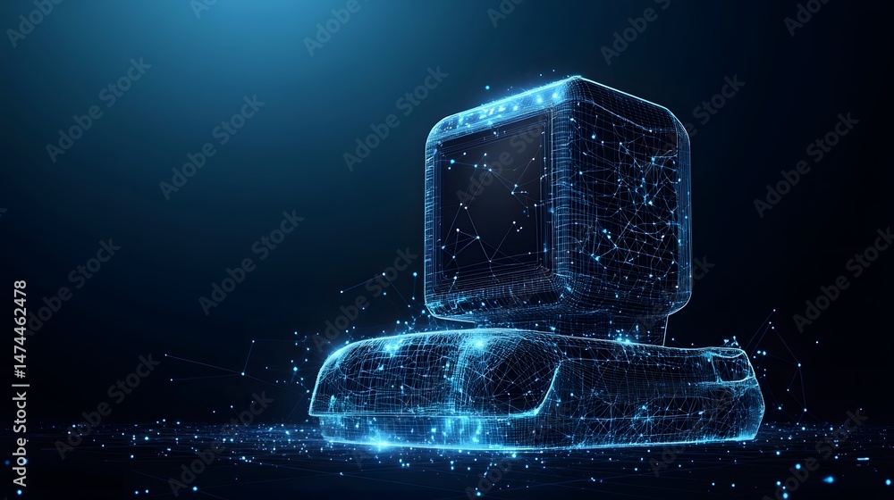 Aufkleber Retro computer wireframe glows blue against a dark background, blending nostalgia with futuristic design. Digital grid emphasizes the tech's abstract form. Abstract wireframe in dark blue