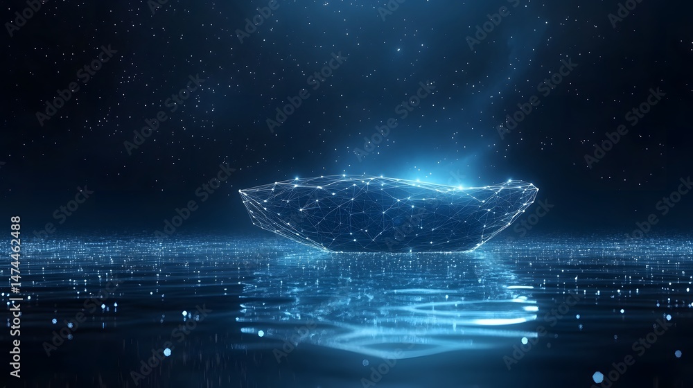 Poster Ethereal bowl structure glows against a starry night. Reflective surface mirrors the light, creating a surreal abstract. Abstract wireframe in dark blue