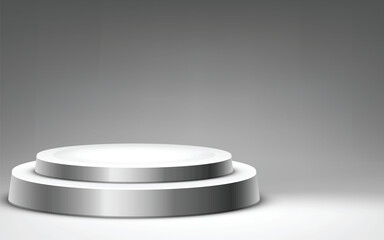 Realistic 3D vector graphic of a white two-tiered cylindrical pedestal or podium. Object on gray background perfect for product display, presentation, awards, or mockup projects.