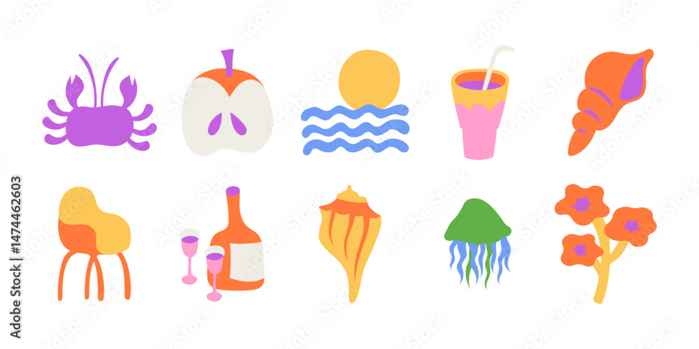 Aufkleber vector simple minimal illustrations in bright bold colors, simple wavy and groovy doodle naive style