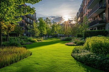 Fototapeta premium Beautiful Green Lawn with Sunlight and Modern Apartments in Background