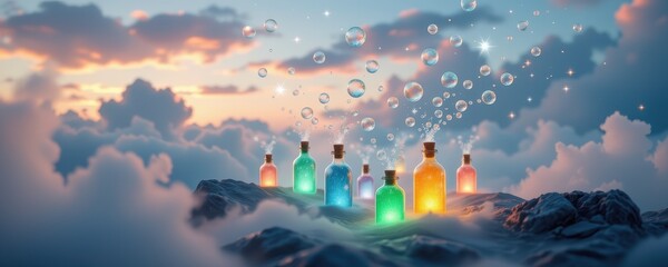 a soft, misty scene where rare acids in glowing bottles release sparkling bubbles that float upwards
