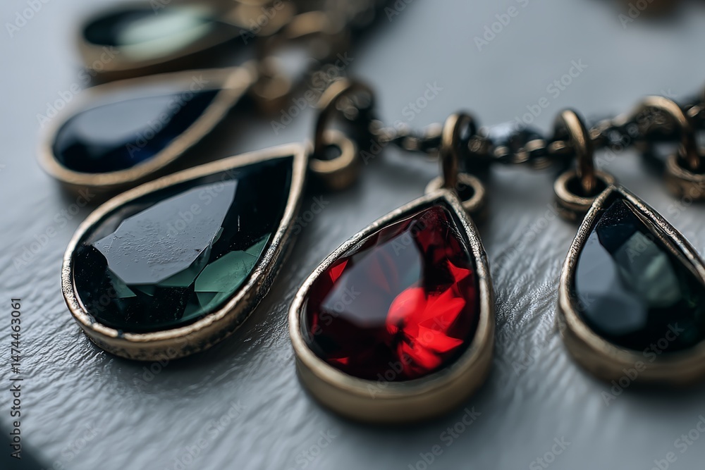 Aufkleber Detailed close-up of various gemstone pendants arranged on a textured surface in soft light