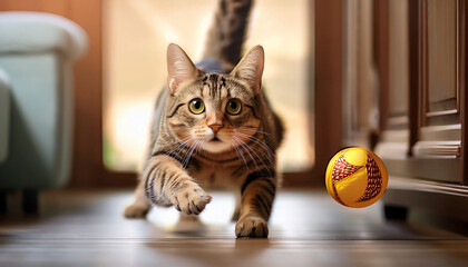 playful tabby cat reaching for a toy ball indoors