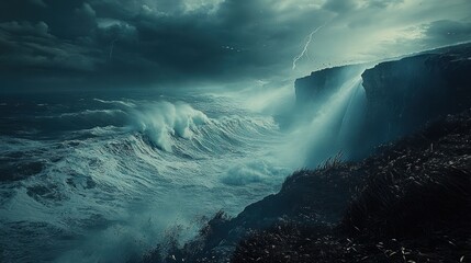 Stormy ocean waves crashing against a dramatic cliff face under a dark, stormy sky