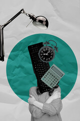 Pop art zine collage of anonym businesswoman businessman instead head office supplies keypad...