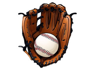A baseball sits inside a brown leather baseball glove on transparent background, a concept representing the sport of baseball and equipment for game day or sports advertisement.