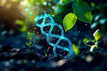 Green plant sprout with blue DNA molecule helix swirling around it