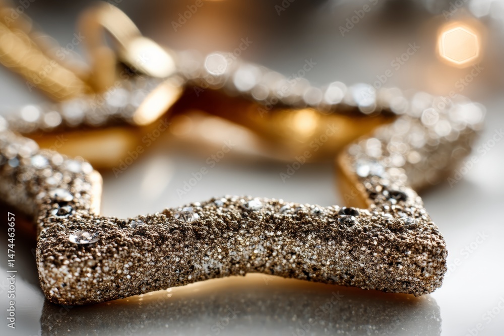 Poster sparkling gold star ornament with intricate details captured in soft light at a holiday-themed setti
