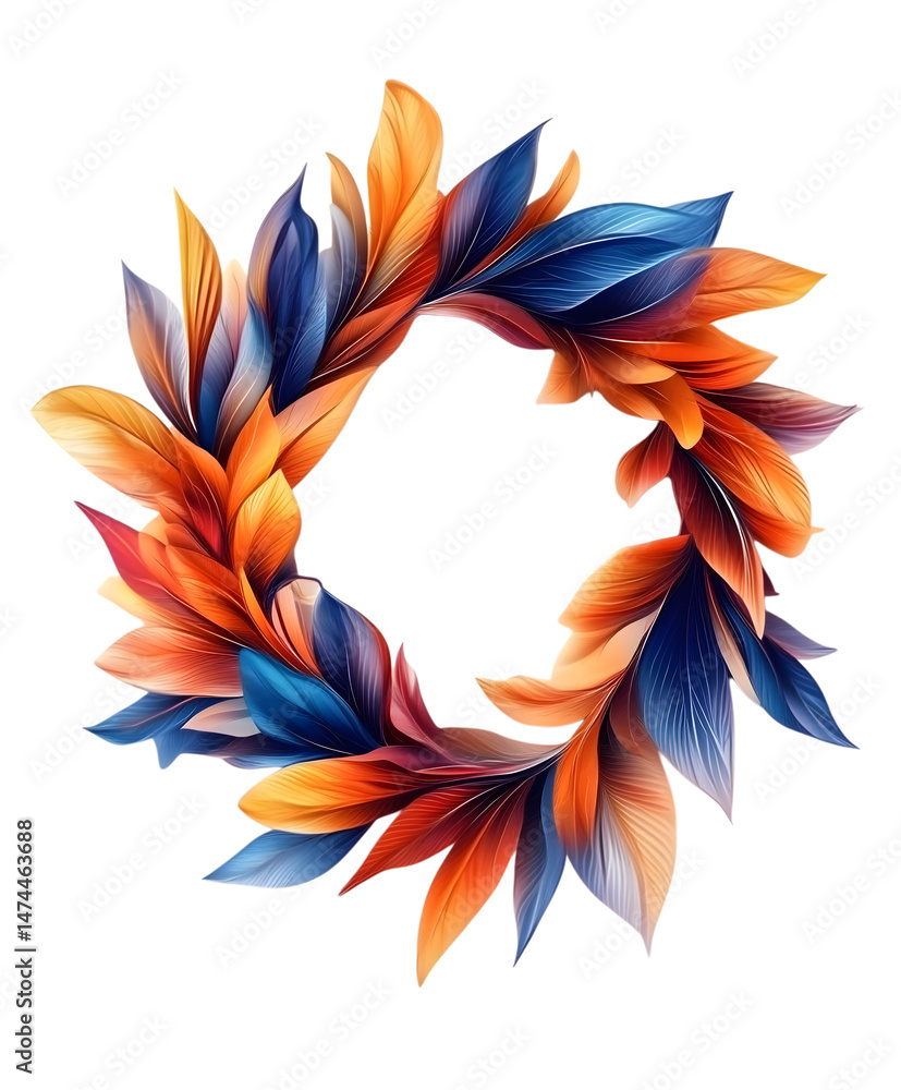 Poster a vivid wreath composed of stylized, overlapping leaves. a breathtaking display of color and form, i