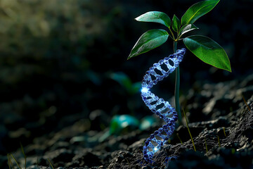 Green plant sprout with blue DNA molecule helix swirling around it