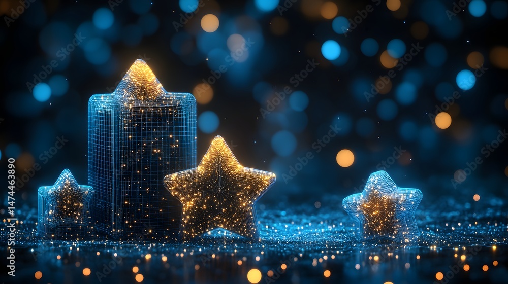 Aufkleber ethereal wireframe stars glow against a bokeh-filled backdrop. festive blue and gold lights create a