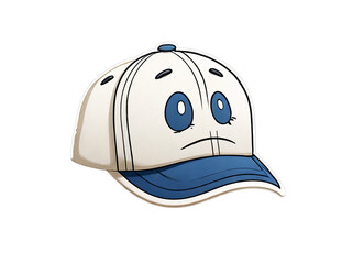 Fototapeta premium A baseball cap with a sad emotional face and blue eyes depicted in a cartoon sticker style on transparent background.