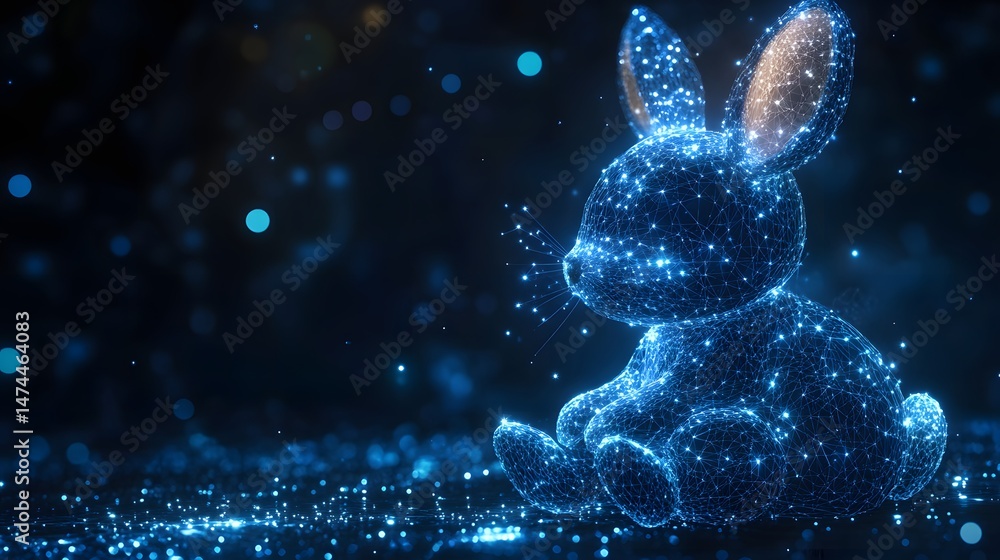 Poster Glowing blue wireframe bunny sits in darkness, a digital masterpiece blending technology and nature. Bokeh lights add to the ethereal, modern design. Abstract wireframe in dark blue
