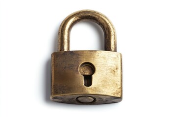 Antique brass padlock, isolated on white.  A sturdy, aged brass padlock with a keyhole.  The metal has a worn, antique look
