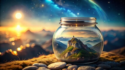 Astronaut's Earth View: Glass Jar on Mountain Peak - Bokeh Background