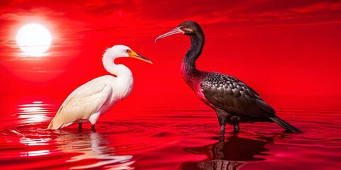 Australian Pied Cormorant and Ibis Sharing a Riverbank at Sunrise - Drone Photography