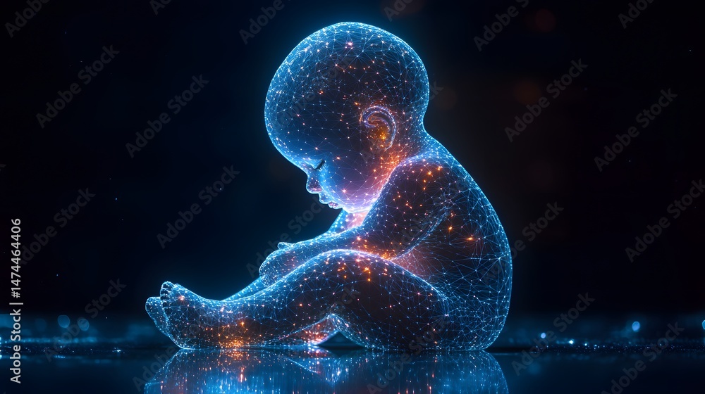 Poster futuristic baby concept. digital wireframe form glows blue on a dark reflective surface. emerging te