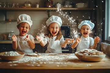 Playful kids baking, flour fun, happy chefs