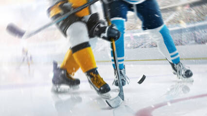 Close-up. Hockey game in an open stadium. Focused on the hockey puck. Two professional hockey player in action. Fight for the puck