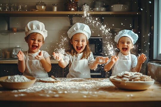 Playful kids baking, flour fun, happy chefs