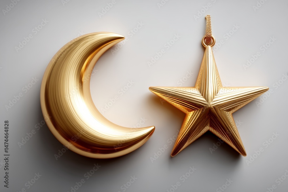Poster decorative gold crescent moon and star ornaments on a light surface with soft shadows
