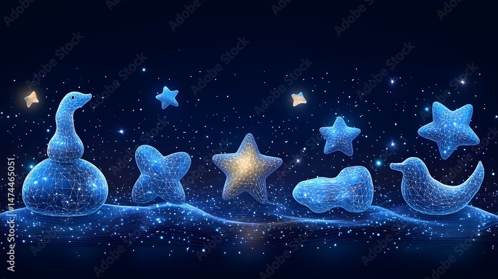 Poster dreamy wireframe scene with luminous birds and stars against a dark blue starry backdrop. glowing sh
