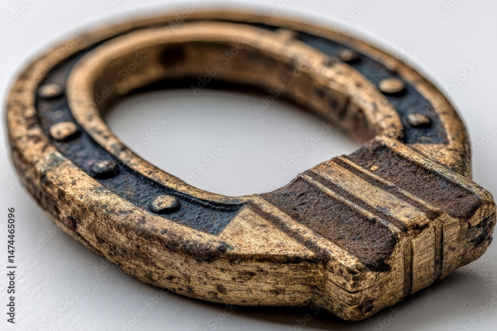 Poster Vintage horseshoe with intricate design displayed on a neutral background highlighting its age and craftsmanship