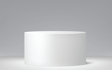 Realistic 3D vector graphic of a white cylindrical pedestal or podium. Object on gray background perfect for product display, presentation, awards, or mockup projects.