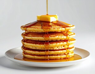 Golden syrup cascading onto a stack of fluffy pancakes, delicious breakfast treat