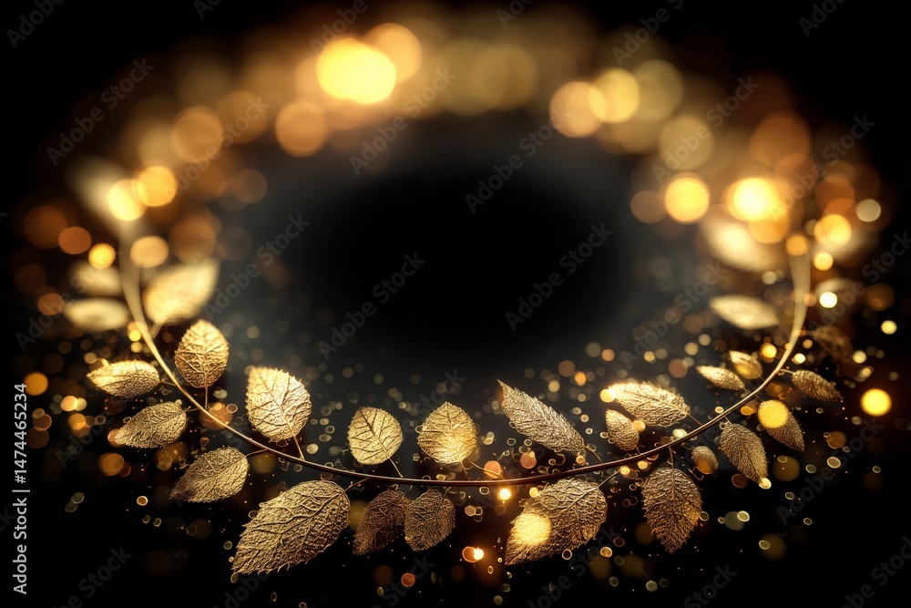 Poster Golden leaves and lights create an enchanting circular pattern against a dark background