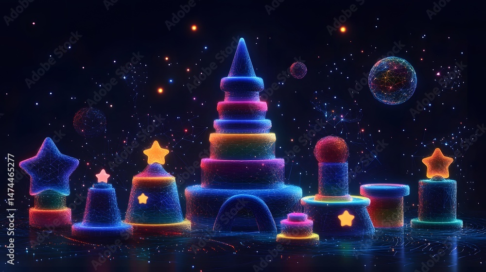 Poster futuristic neon wireframe toys glow against a dark, starry backdrop with networked lights. geometric