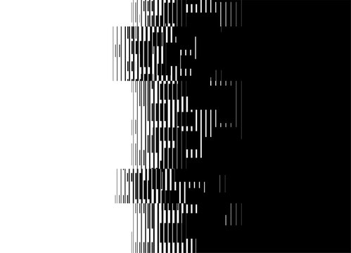 Vector transition. Striped black and white digital pattern of small abstract pixels with space for text. Technological Vector background of thin broken lines. Halftone. Data flow. Clusters. Code, info