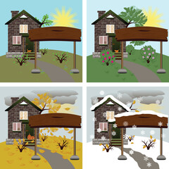 A small cottage in different seasons and in front of it a sign with space for text, vector image
