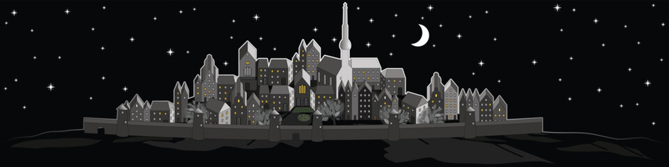 Ancient European city on the hill, grayscale monochrome, at night with starry sky vector image

