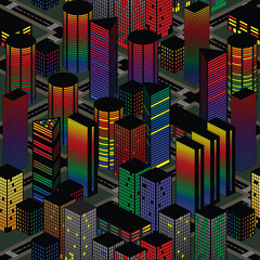 Night panorama of a big city, high-rise buildings, seamless vector image
