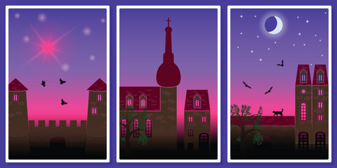 Frames with ancient European city, the sun and the moon and the stars in the sky - for wall framed prints, canvas prints, poster, home decor
