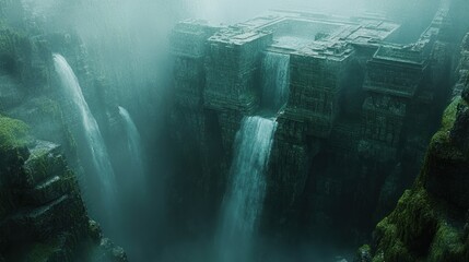 Ancient ruins, waterfalls, mist-shrouded valley
