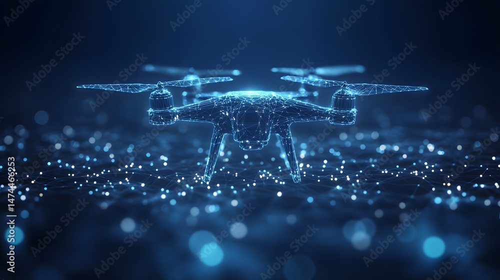 Aufkleber futuristic glowing blue wireframe drone against a dark blue backdrop speckled with bokeh lights. cap