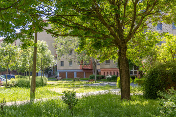 Residential panel building with tall green trees providing shade.