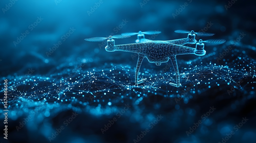 Aufkleber Wireframe drone hovers above a connected data network, symbolizing futuristic technology, AI, and data analysis. The dark background emphasizes the blue nodes. Abstract wireframe in dark blue.