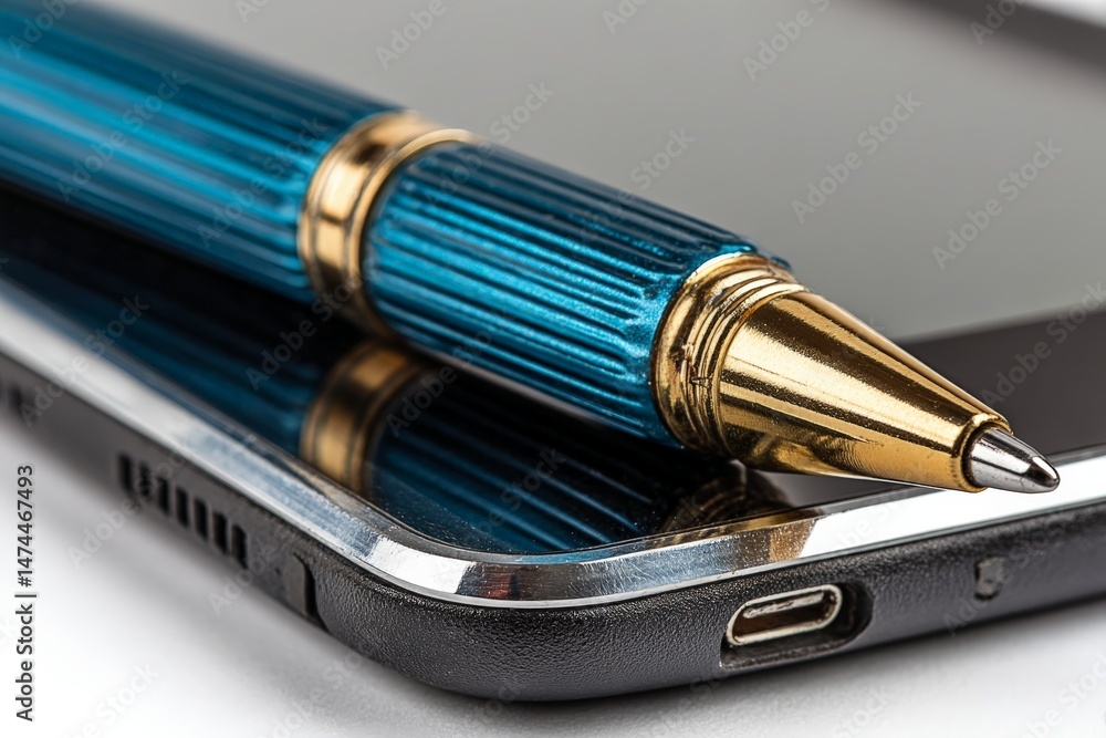 Poster close-up of a stylish pen resting on a smartphone with a sleek design at an office desk during the d