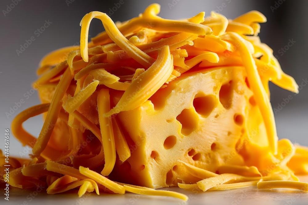 Poster Shredded cheese sits atop a block of cheddar, showcasing its texture and creamy color in a close-up display