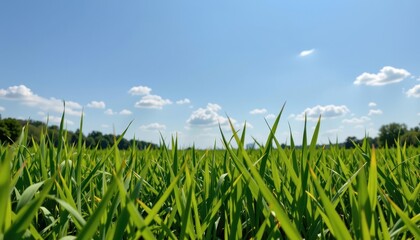 Obraz premium Vibrant Green Grass Field Under Blue Sky with White Clouds