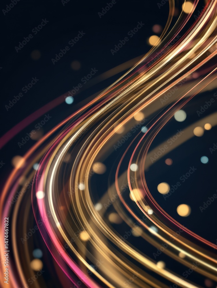 Poster abstract light trails flowing against dark background, dynamic curves and bokeh, modern design eleme