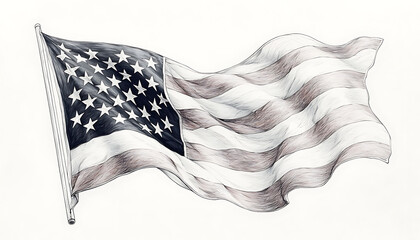 Waving US Flag with Pencil Sketch.